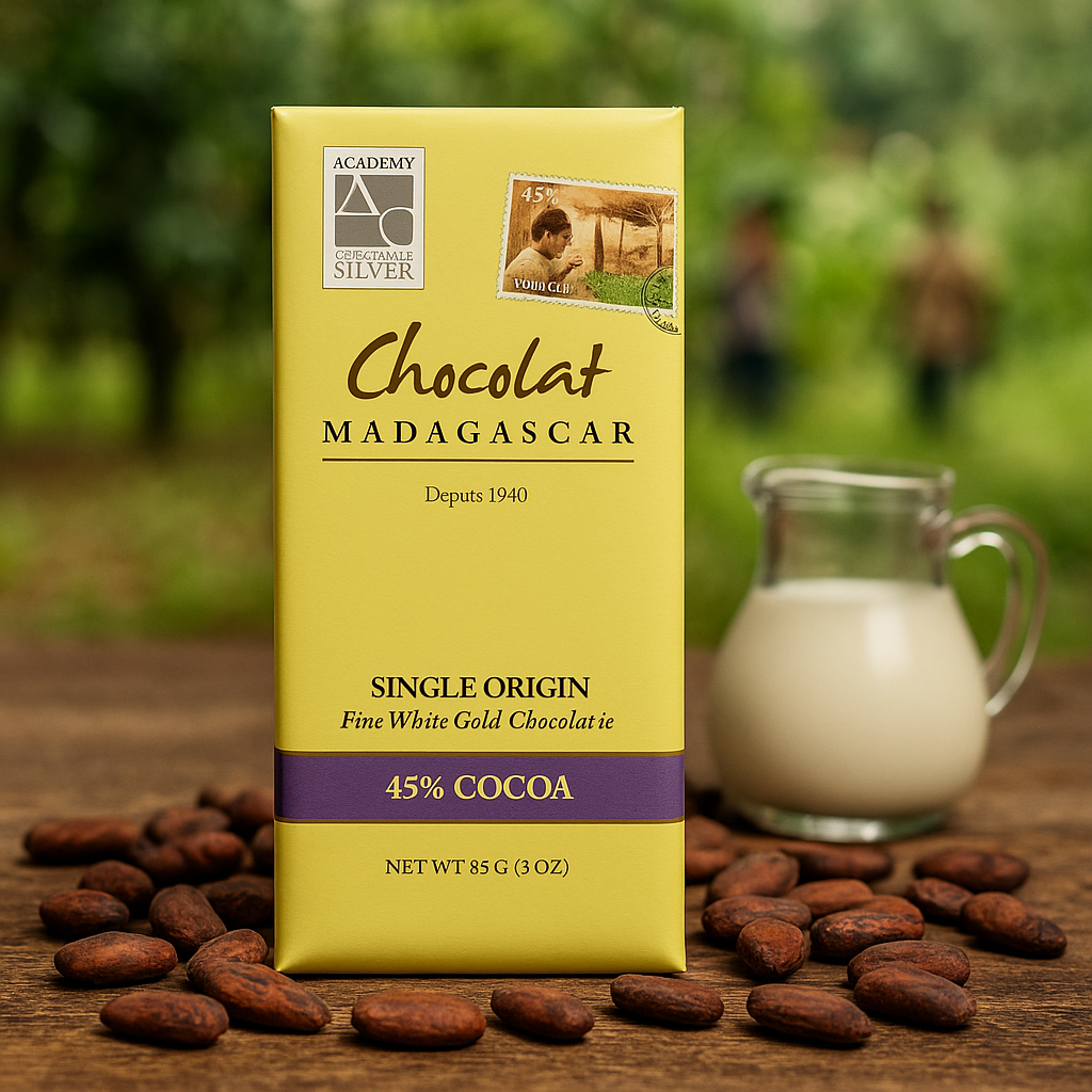A Chocolat Madagascar Fine White Gold 45% Cocoa bar stands on a rustic wooden surface, surrounded by whole cocoa beans, with a small glass jug of milk beside it. In the softly blurred background, a lush green cocoa plantation creates a natural, tropical atmosphere.